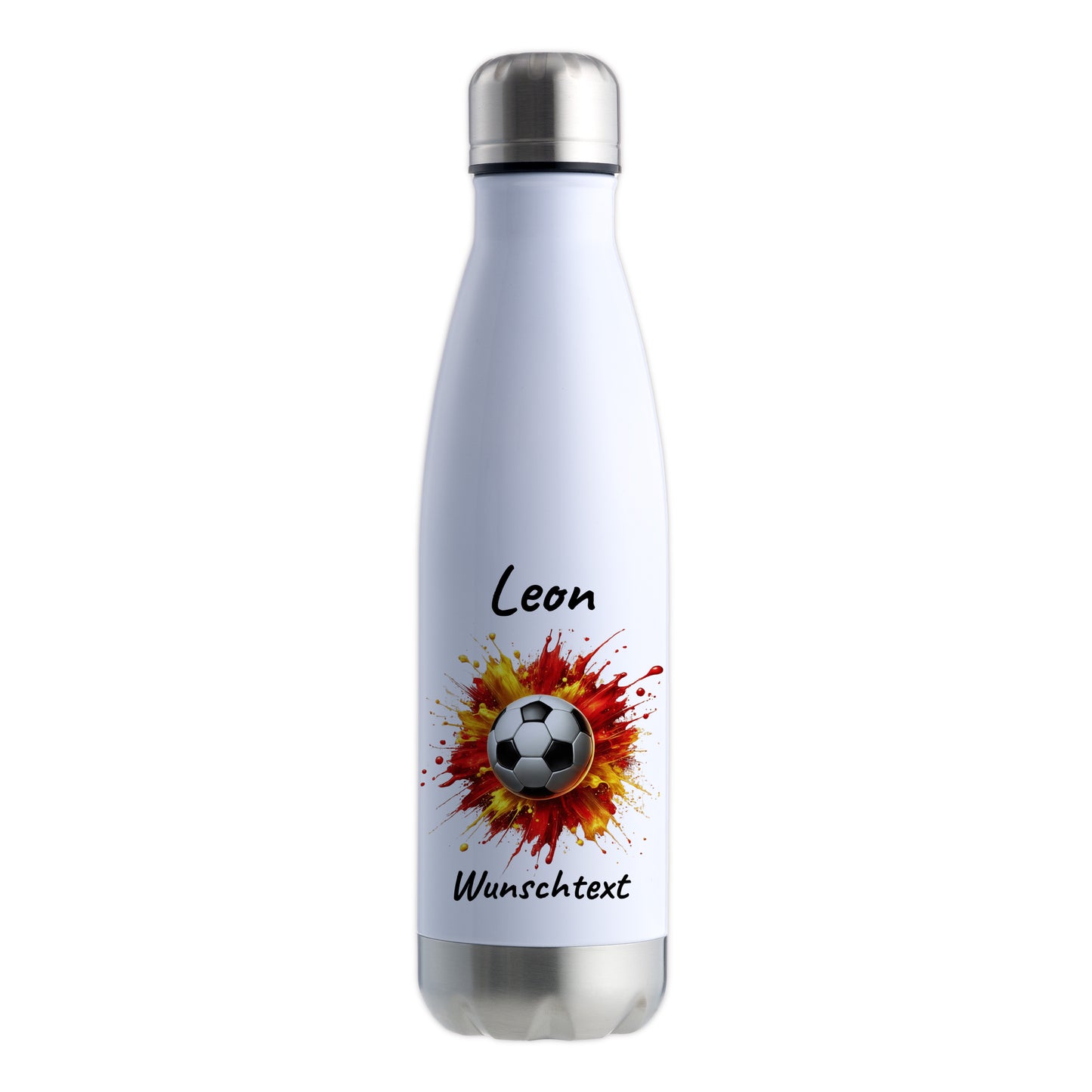 Thermoflasche 500ml in Weiß/Silber aus Edelstahl bedruckt "Fußball" Motiv9 personalisierbar mit Wunschname & Text