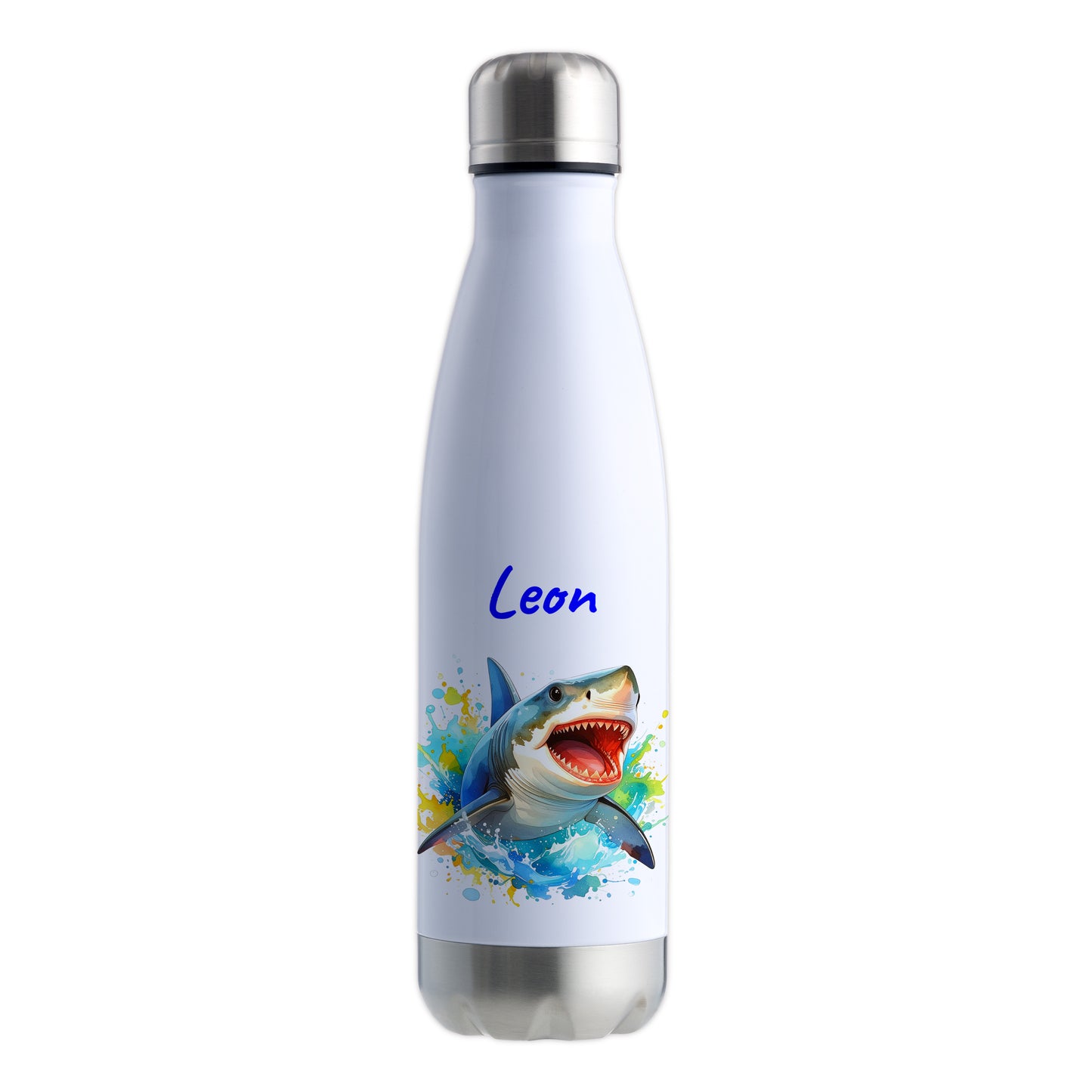 Thermoflasche 500ml in Weiß/Silber bedruckt mit tollen Motiven für Kinder "Hai" personalisierbar mit Wunschname