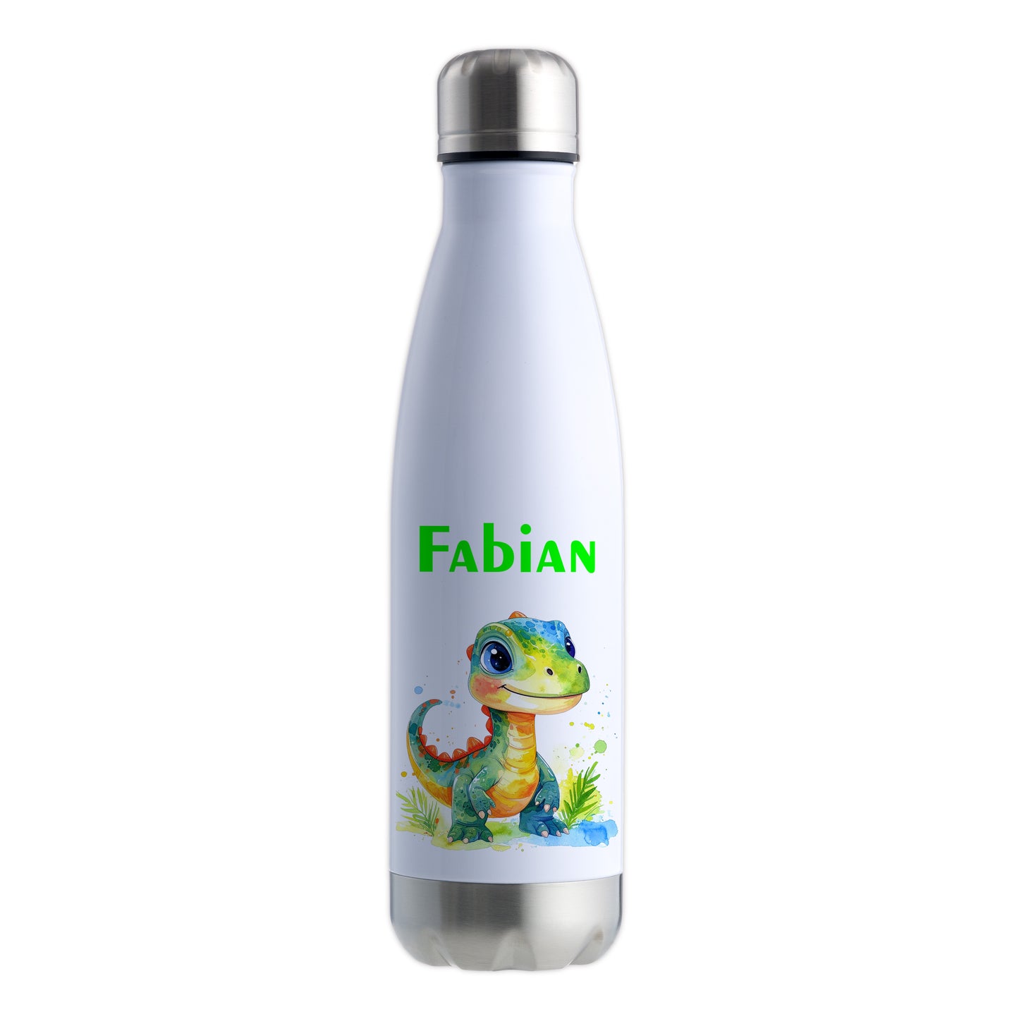 Thermoflasche 500ml in Weiß/Silber bedruckt mit tollen Motiven für Kinder "Dino Kinder" personalisierbar mit Wunschname