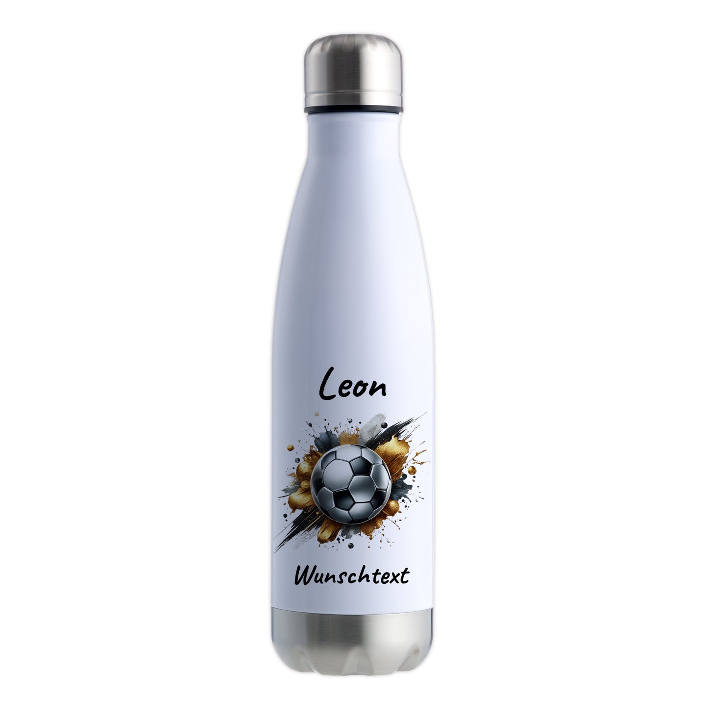 Thermoflasche 500ml in Weiß/Silber aus Edelstahl bedruckt "Fußball" Motiv13 personalisierbar mit Wunschname & Text