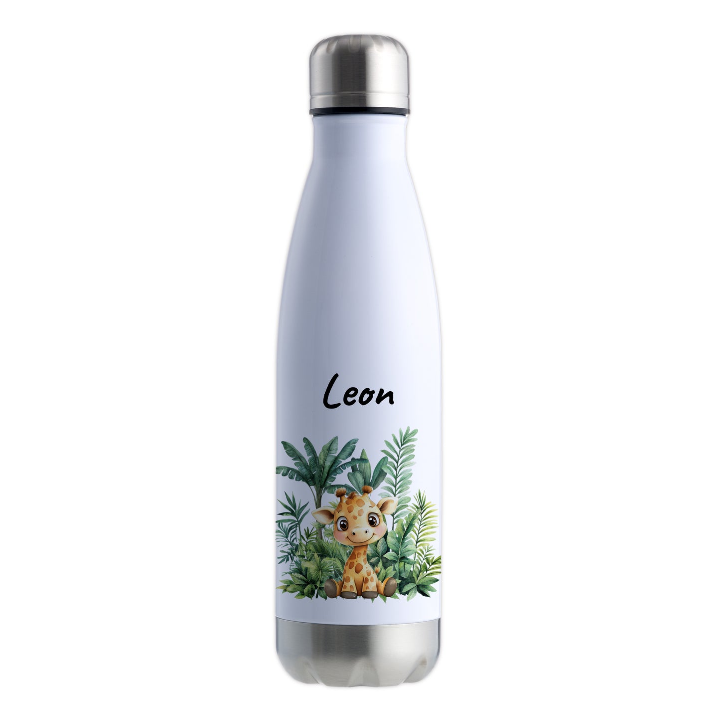 Trinkflasche in Weiß/Silber 500ml aus Edelstahl bedruckt mit Dschungel Tieren"Giraffe" personalisierbar für Kinder mit Wunschname
