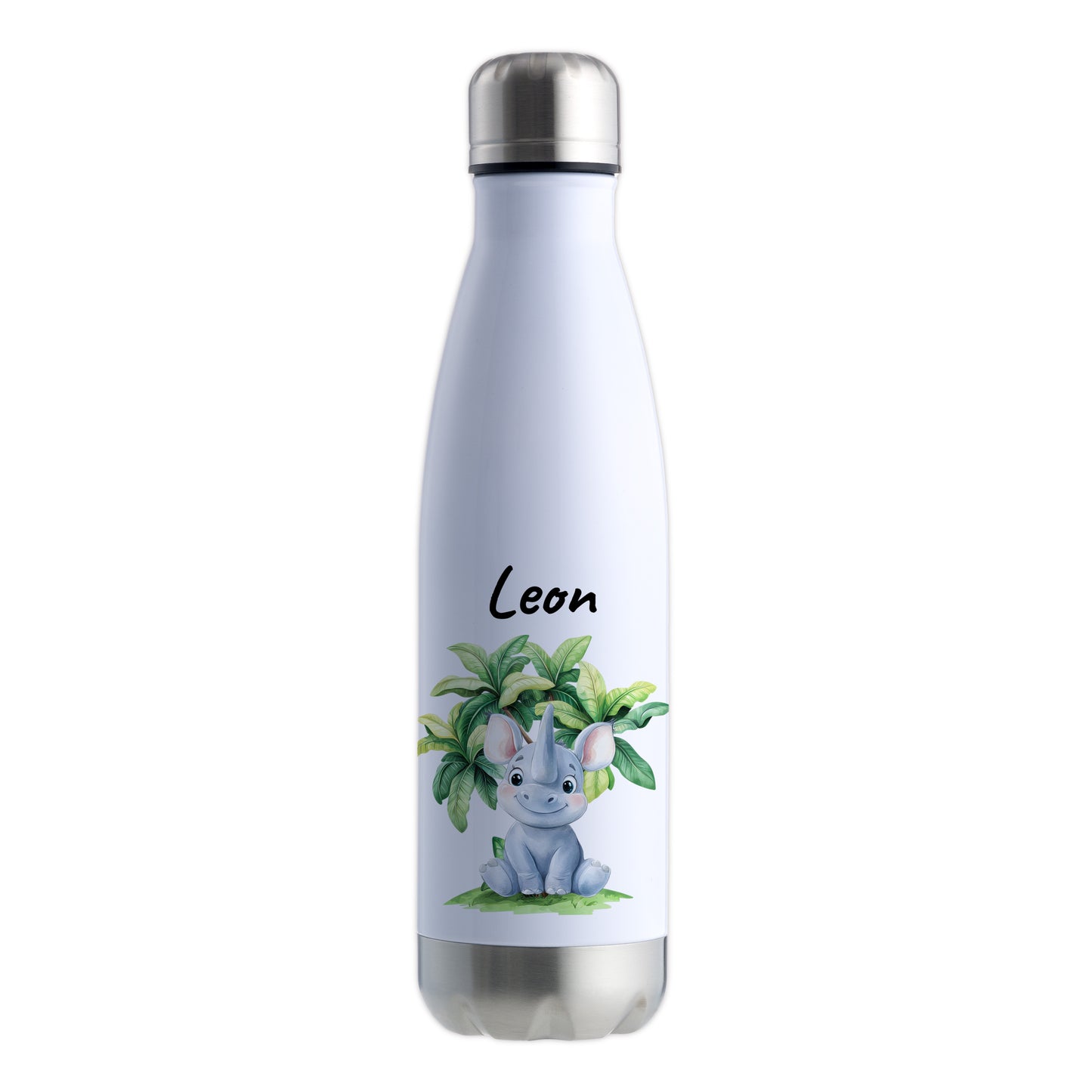 Trinkflasche in Weiß/Silber 500ml aus Edelstahl bedruckt mit Dschungel Tieren"Nashorn" personalisierbar für Kinder mit Wunschname