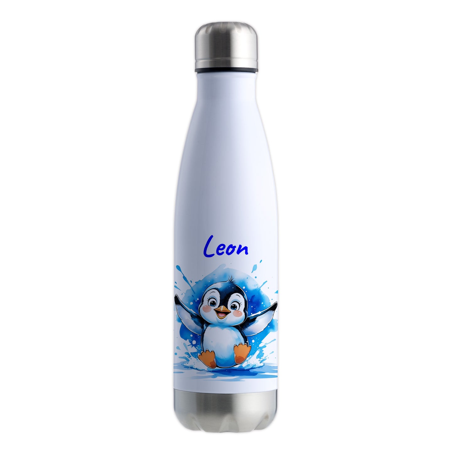 Trinkflasche in Weiß/Silber 500ml aus Edelstahl bedruckt mit niedlichen Tieren "Pinguin" personalisierbar für Kinder mit Wunschname