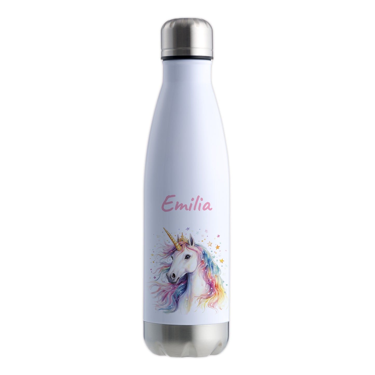 Thermoflasche 500ml in Weiß/Silber bedruckt mit tollen Motiven für Kinder "Einhorn" personalisierbar mit Wunschname