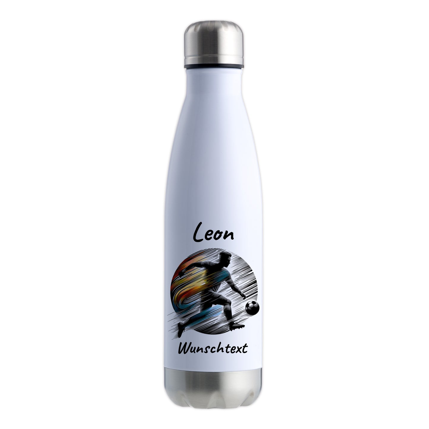 Thermoflasche 500ml in Weiß/Silber aus Edelstahl bedruckt "Fußball" Motiv2 personalisierbar mit Wunschname & Text
