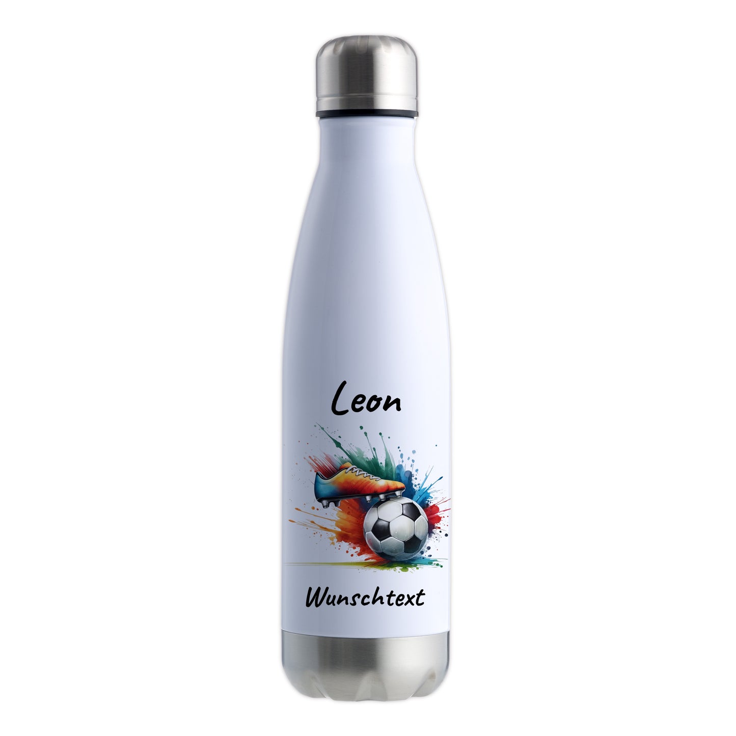 Thermoflasche 500ml in Weiß/Silber aus Edelstahl bedruckt "Fußball" Motiv6 personalisierbar mit Wunschname & Text
