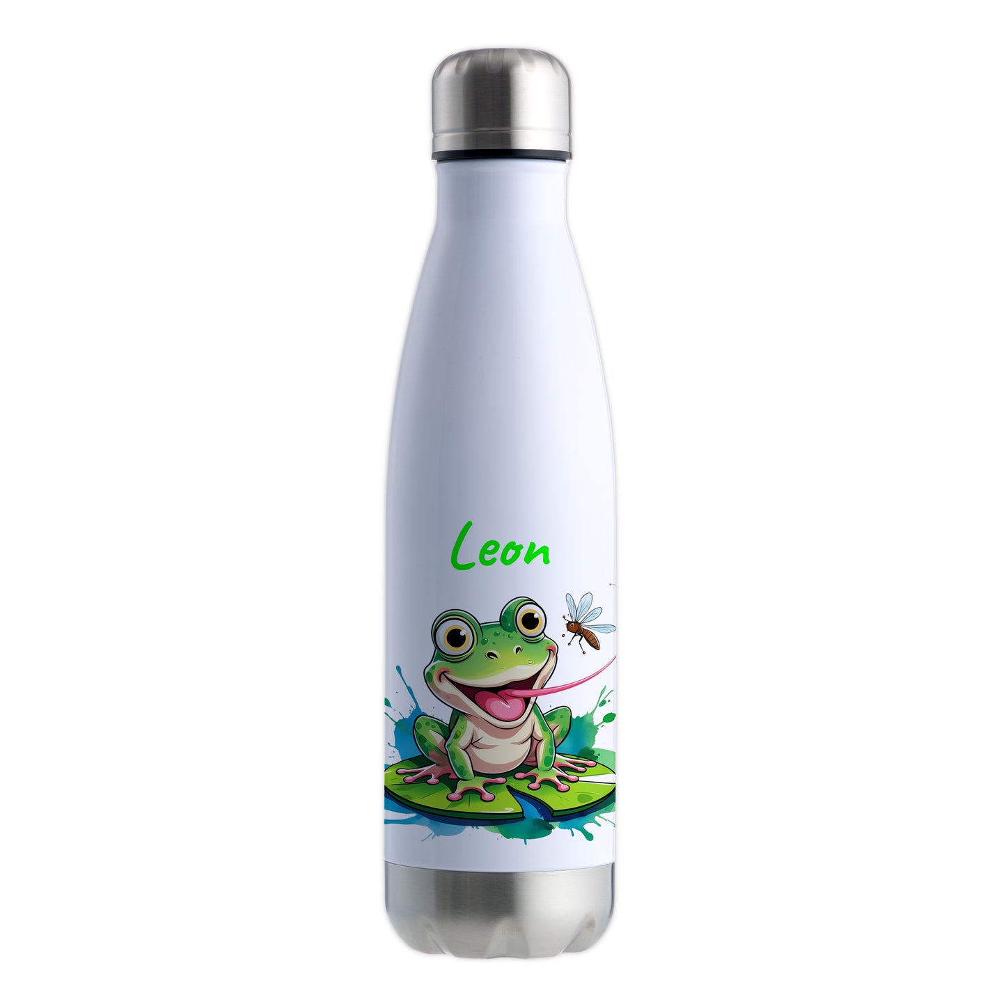 Trinkflasche in Weiß/Silber 500ml aus Edelstahl bedruckt mit niedlichen Tieren "Frosch" personalisierbar für Kinder mit Wunschname