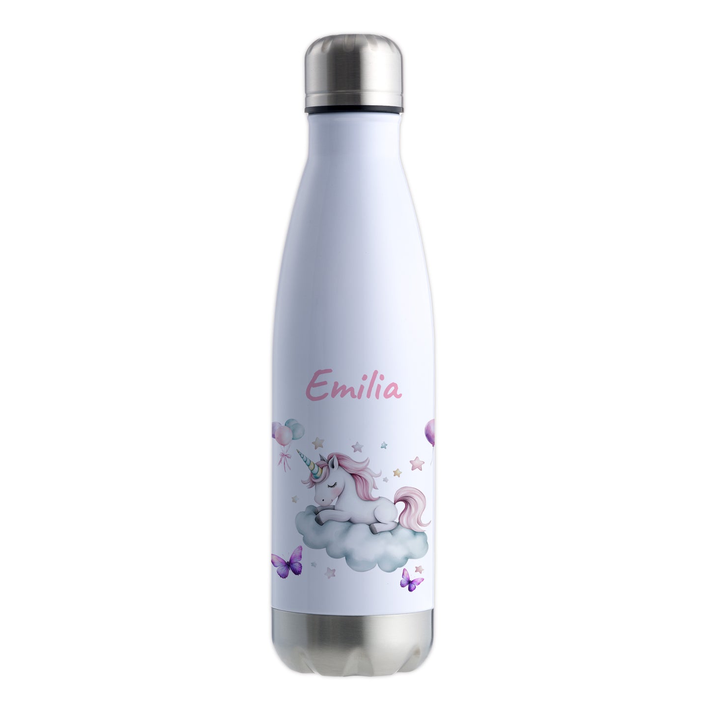 Thermoflasche 500ml in Weiß/Silber bedruckt mit tollen Motiven für Kinder "Einhorn Wolke" personalisierbar mit Wunschname