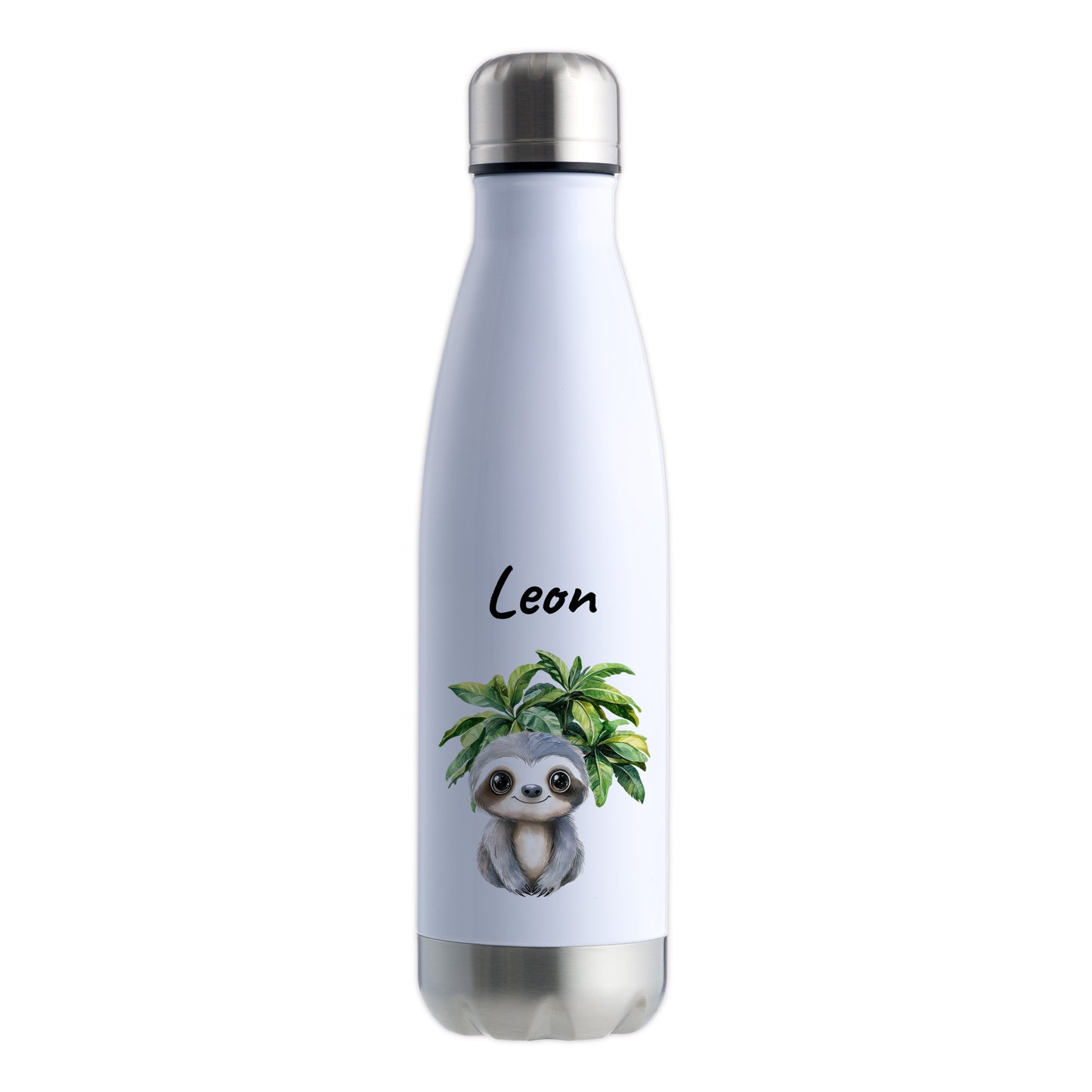 Trinkflasche in Weiß/Silber 500ml aus Edelstahl bedruckt mit Dschungel Tieren"Faultier" personalisierbar für Kinder mit Wunschname
