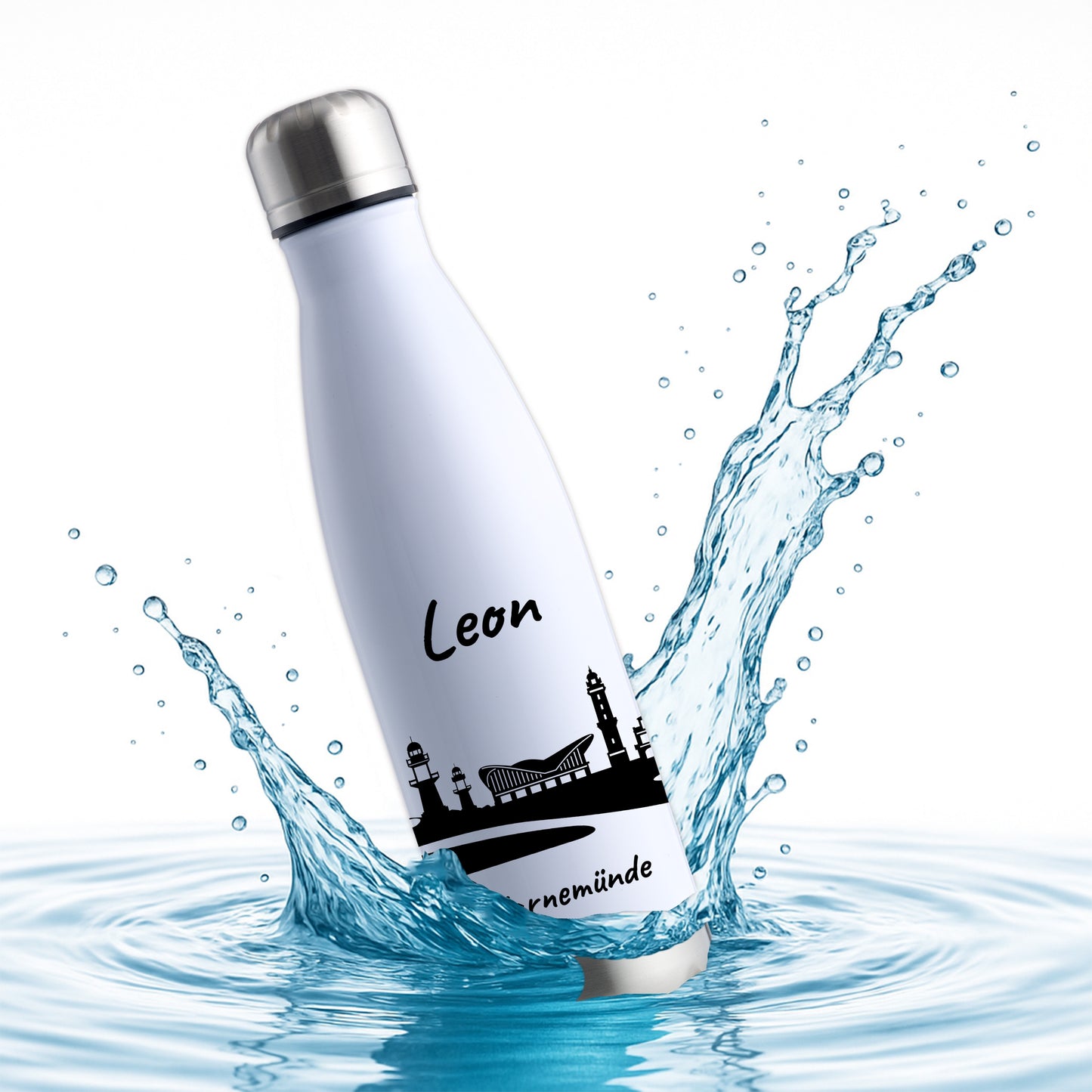 Trinkflasche in Weiß/Silber 500ml aus Edelstahl bedruckt mit der Skyline von Warnemünde personalisierbar mit Wunschname