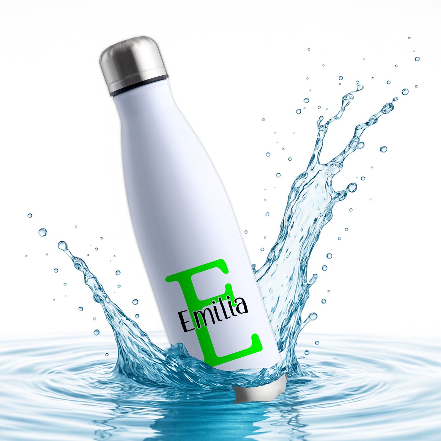 Thermoflasche 500ml aus Edelstahl in Weiß/Silber personalisierbar mit Wunschname auslaufsichere Trinkflasche