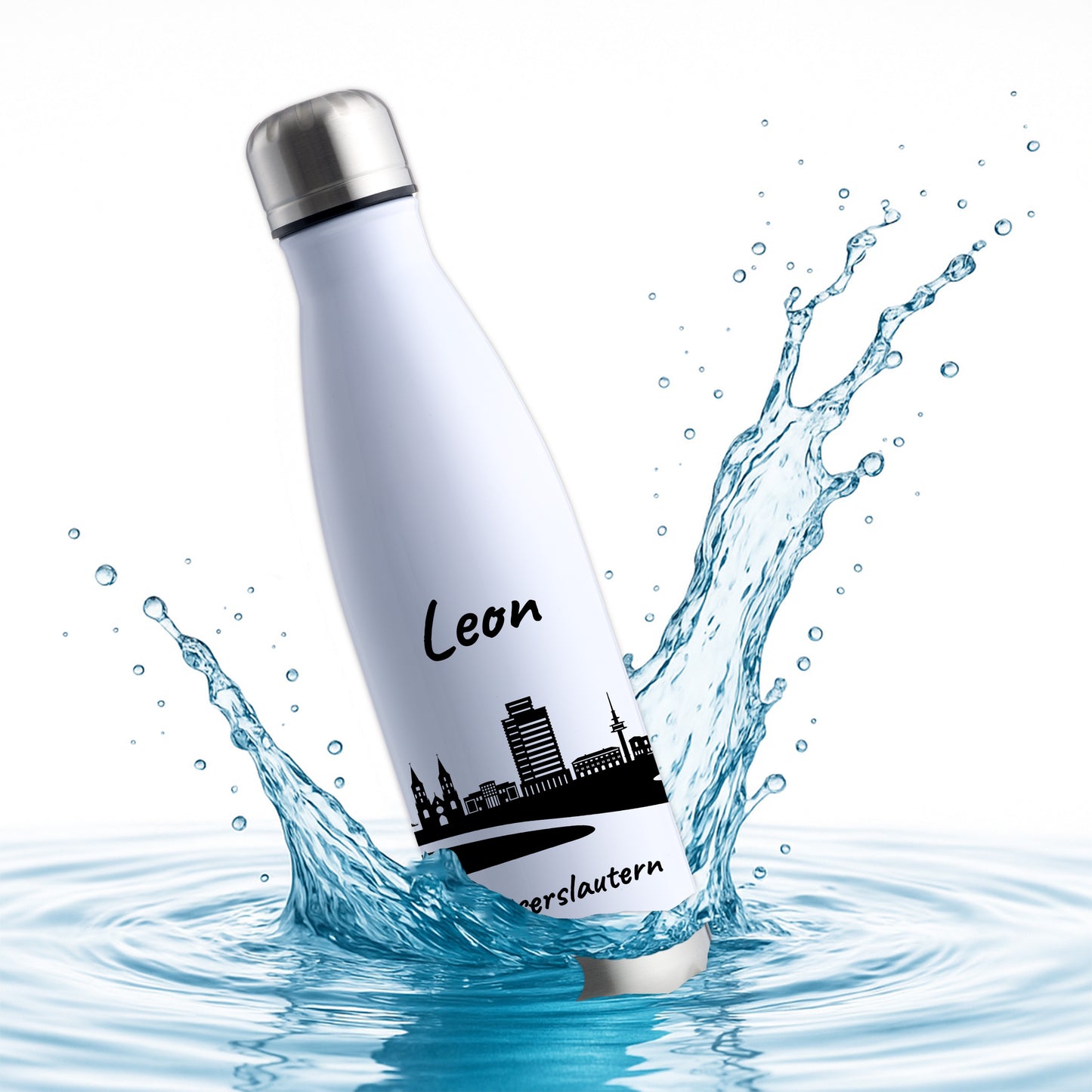 Trinkflasche in Weiß/Silber 500ml aus Edelstahl bedruckt mit der Skyline von Kaiserslautern personalisierbar mit Wunschname
