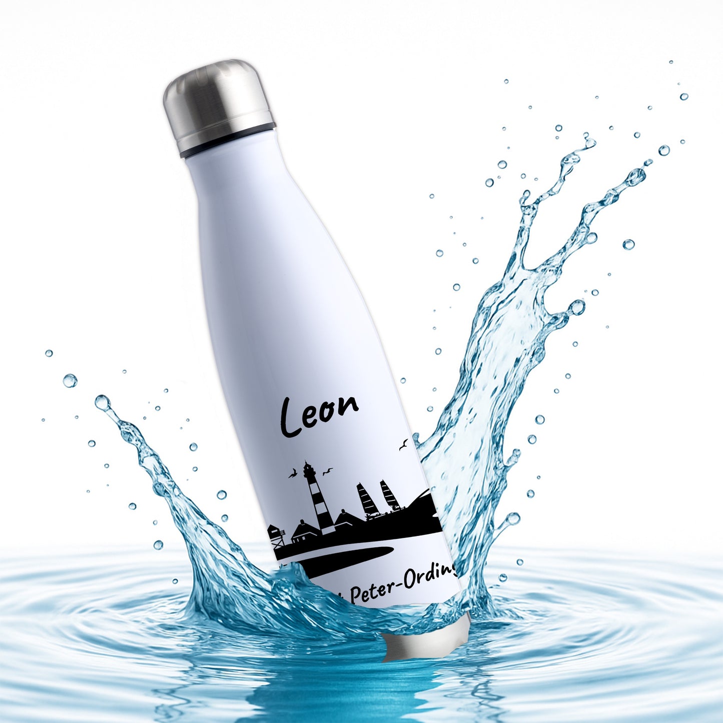 Trinkflasche in Weiß/Silber 500ml aus Edelstahl bedruckt mit der Skyline von Sankt Peter-Ording personalisierbar mit Wunschname