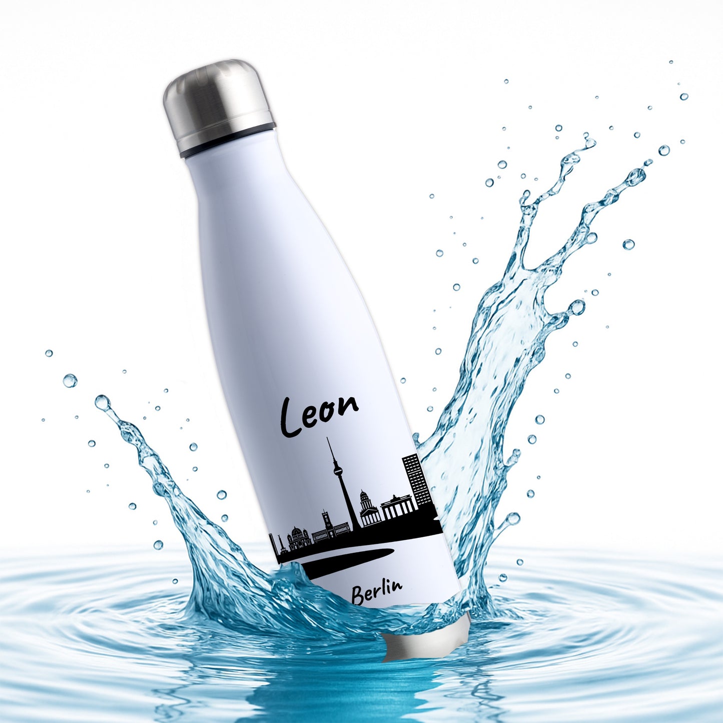 Trinkflasche in Weiß/Silber 500ml aus Edelstahl bedruckt mit der Skyline von Berlin personalisierbar mit Wunschname