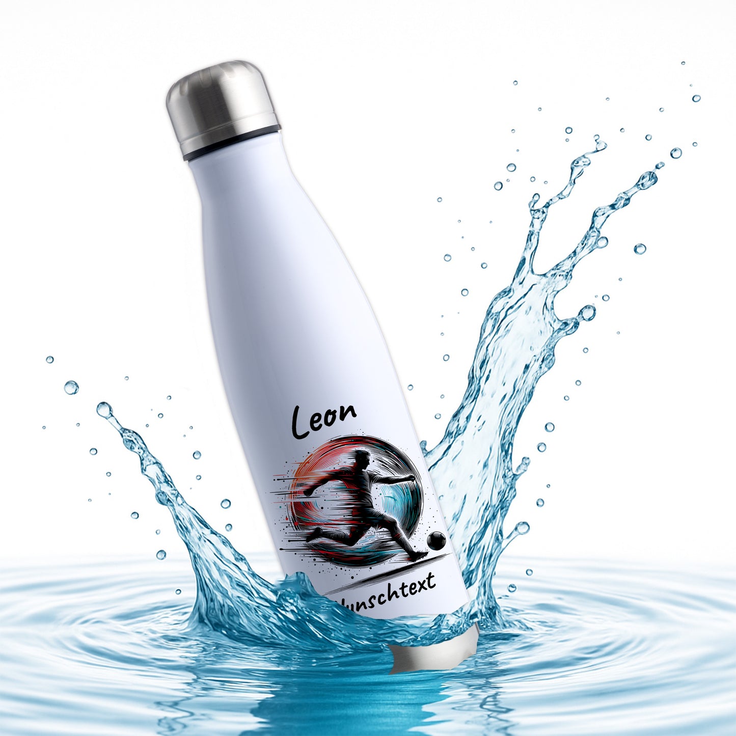 Thermoflasche 500ml in Weiß/Silber aus Edelstahl bedruckt "Fußball" Motiv3 personalisierbar mit Wunschname & Text