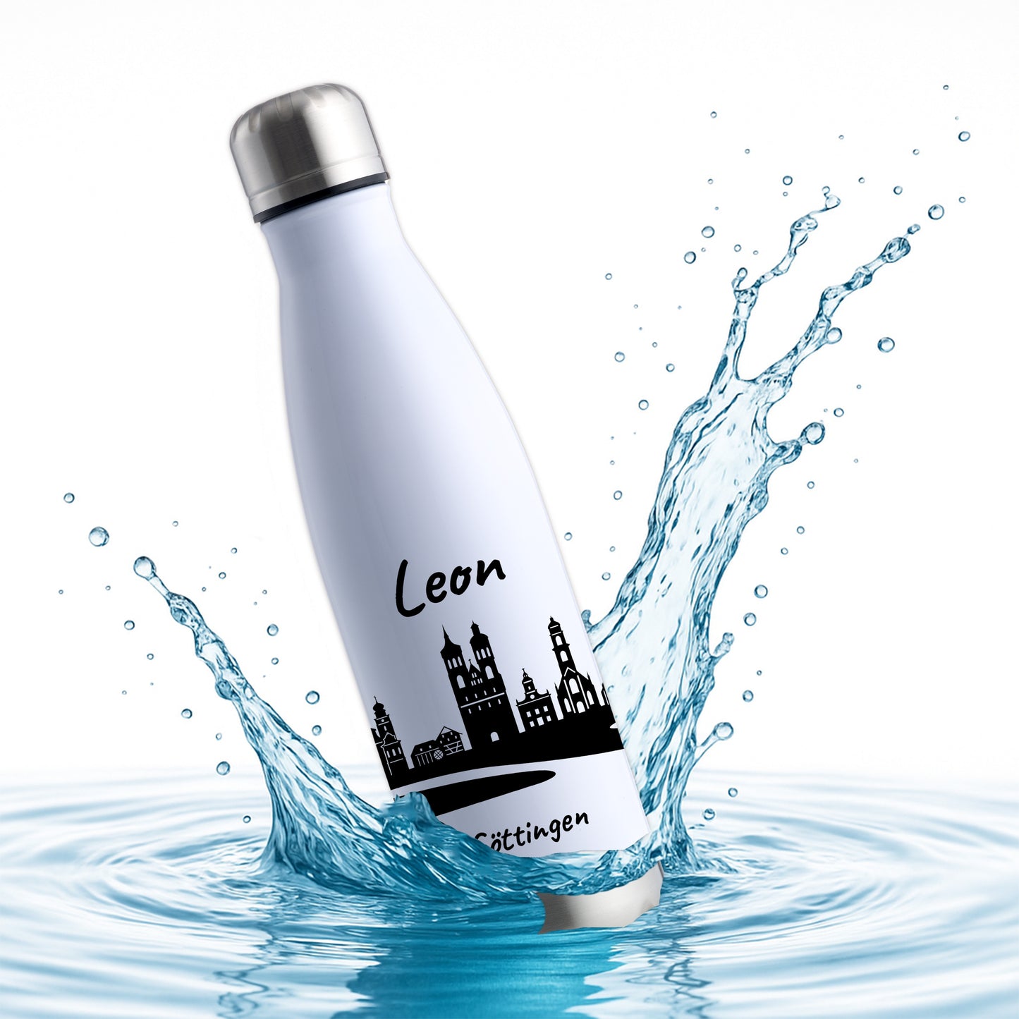 Trinkflasche in Weiß/Silber 500ml aus Edelstahl bedruckt mit der Skyline von Göttingen personalisierbar mit Wunschname