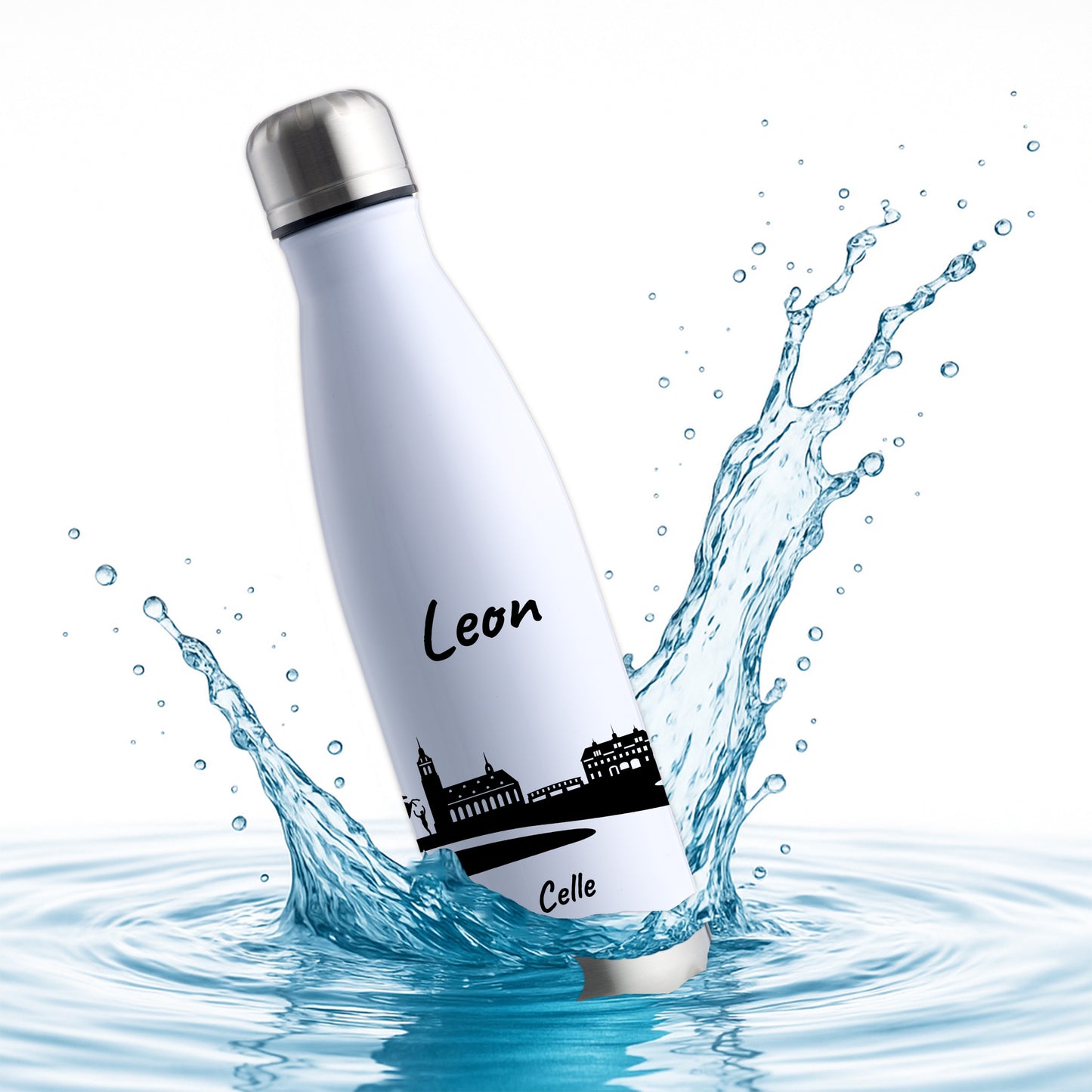 Trinkflasche in Weiß/Silber 500ml aus Edelstahl bedruckt mit der Skyline von Celle personalisierbar mit Wunschname