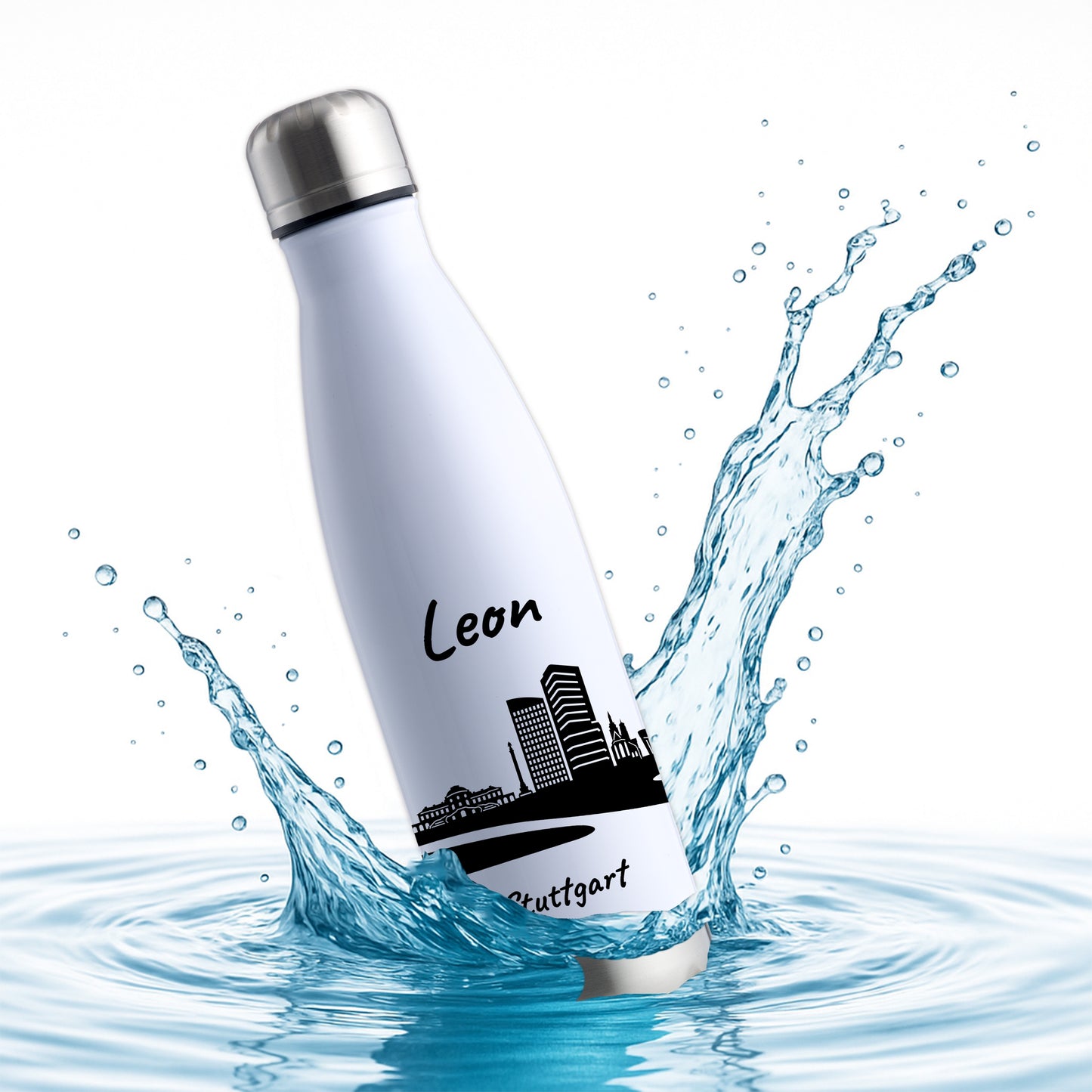 Trinkflasche in Weiß/Silber 500ml aus Edelstahl bedruckt mit der Skyline von Stuttgart personalisierbar mit Wunschname