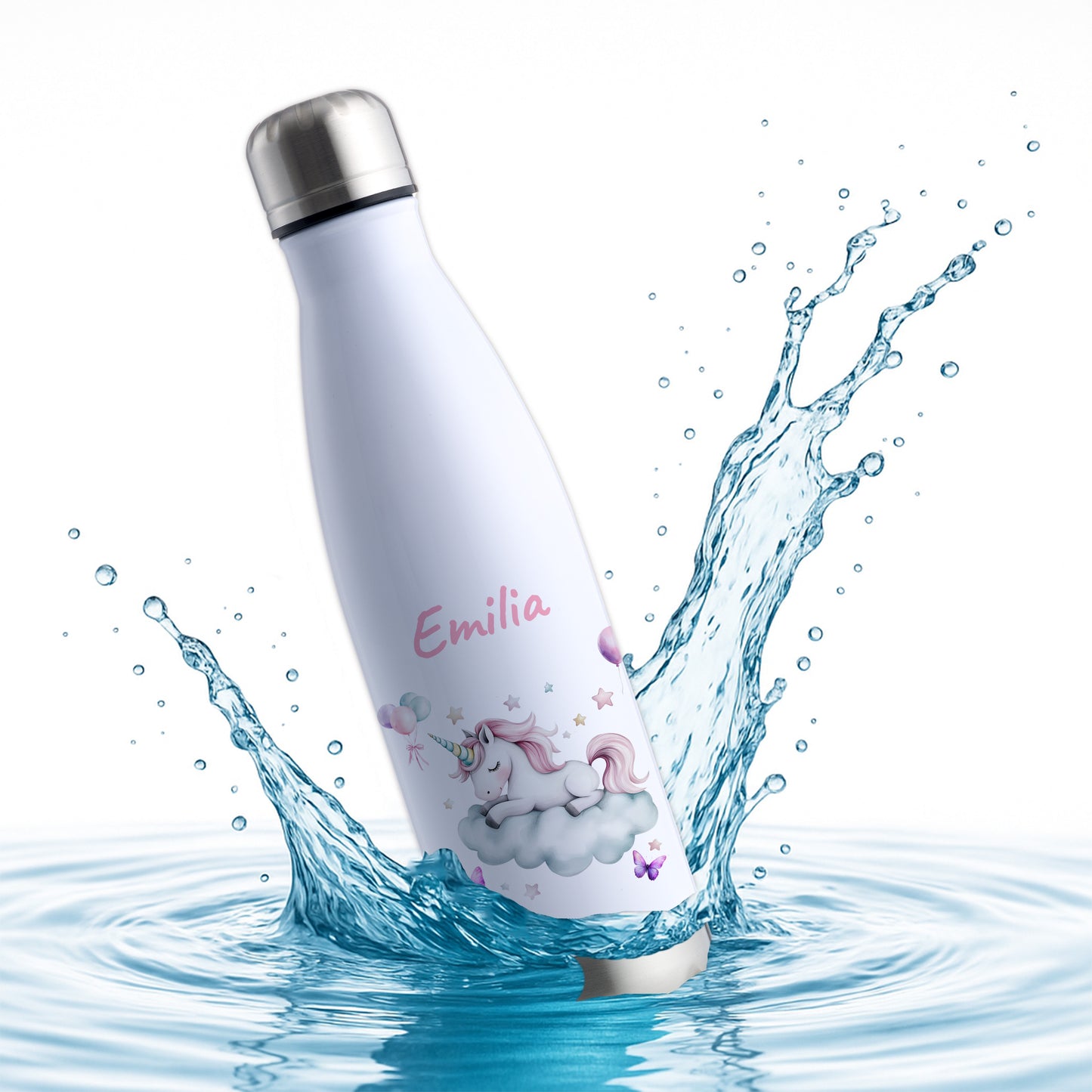 Thermoflasche 500ml in Weiß/Silber bedruckt mit tollen Motiven für Kinder "Einhorn Wolke" personalisierbar mit Wunschname
