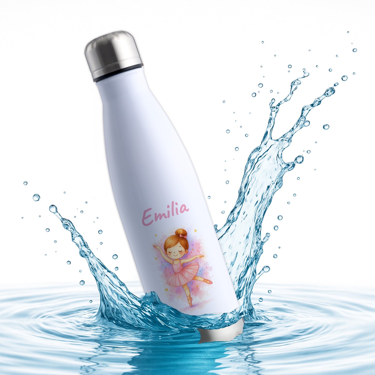 Thermoflasche 500ml in Weiß/Silber bedruckt mit tollen Motiven für Kinder "Ballerina" personalisierbar mit Wunschname