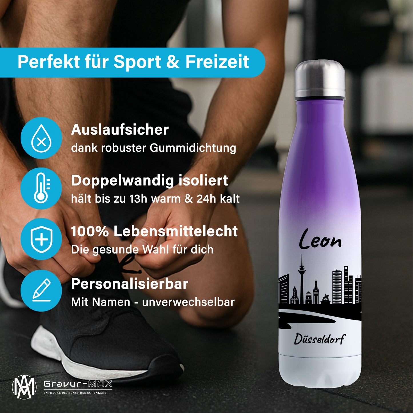 Trinkflasche in Weiß/Violett 500ml aus Edelstahl bedruckt mit der Skyline von Düsseldorf personalisierbar mit Wunschname