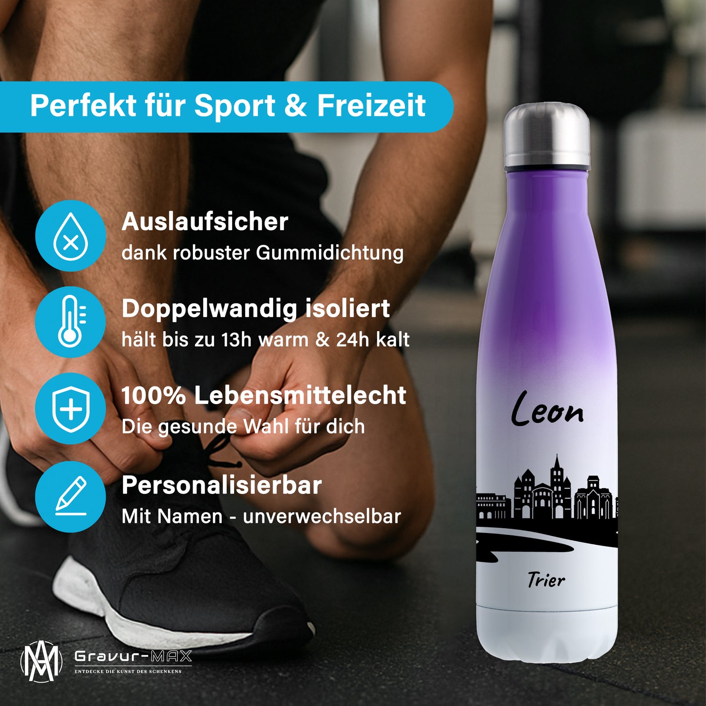 Trinkflasche in Weiß/Violett 500ml aus Edelstahl bedruckt mit der Skyline von Trier personalisierbar mit Wunschname