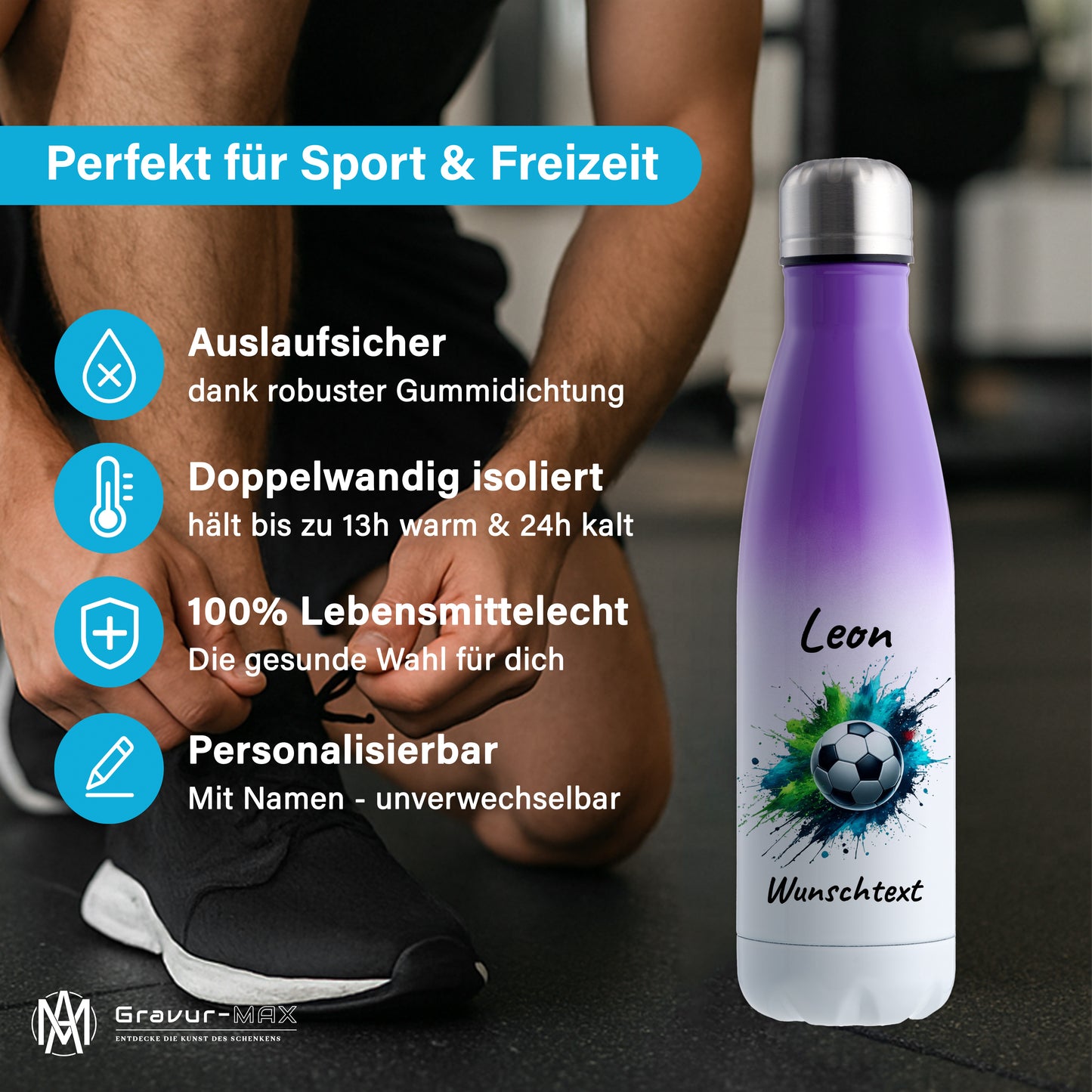 Thermoflasche 500ml in Weiß/Violett aus Edelstahl bedruckt "Fußball" Motiv8 personalisierbar mit Wunschname & Text
