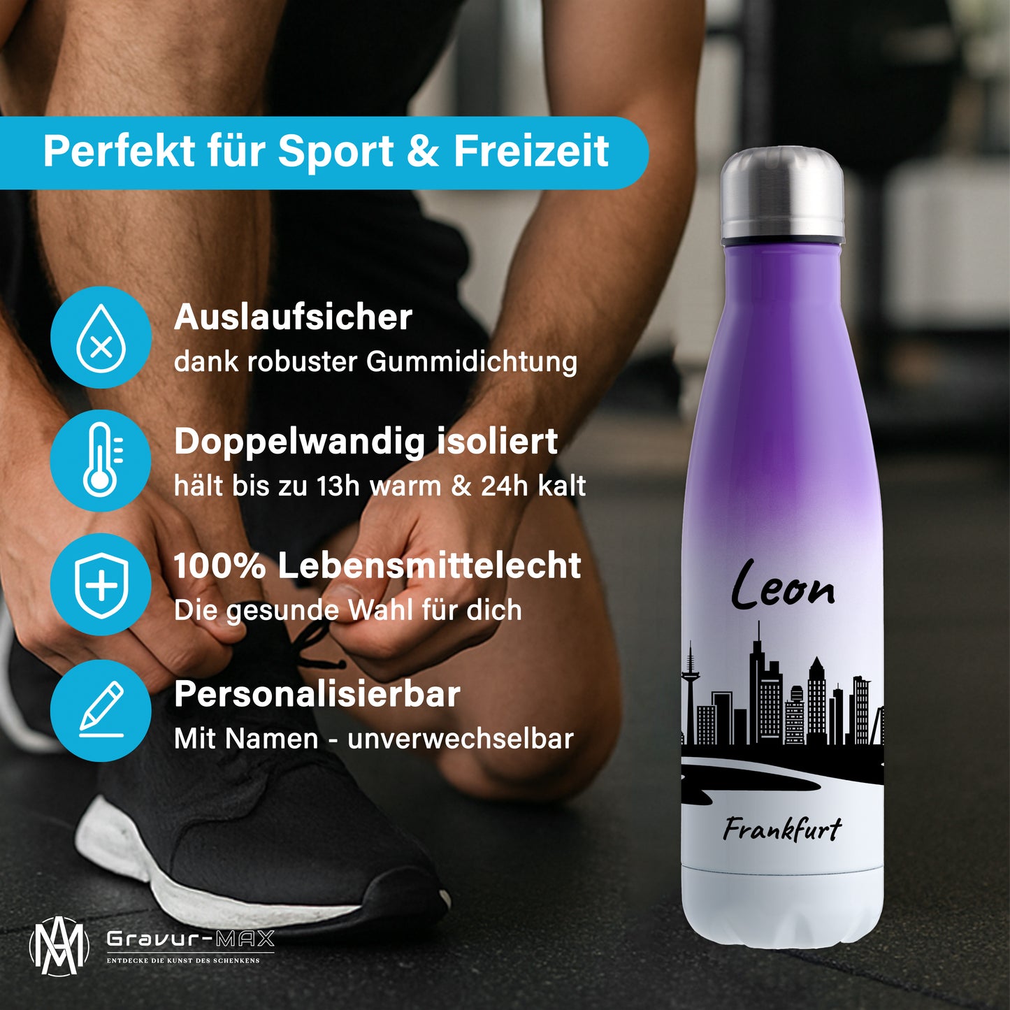 Trinkflasche in Weiß/Violett 500ml aus Edelstahl bedruckt mit der Skyline von Frankfurt personalisierbar mit Wunschname