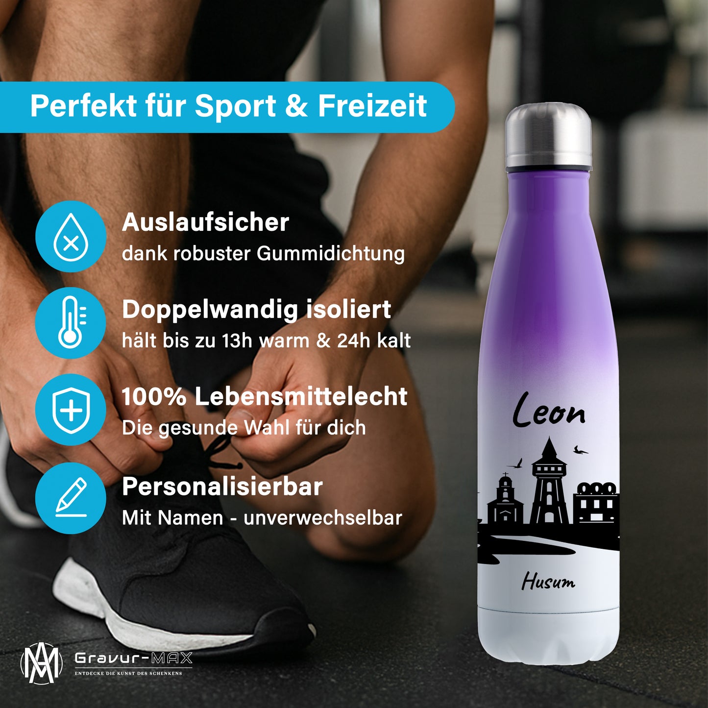 Trinkflasche in Weiß/Violett 500ml aus Edelstahl bedruckt mit der Skyline von Husum personalisierbar mit Wunschname