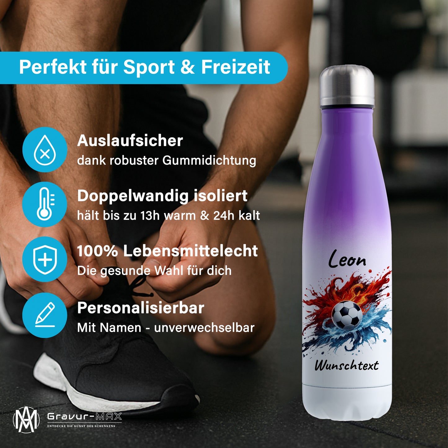 Thermoflasche 500ml in Weiß/Violett aus Edelstahl bedruckt "Fußball" Motiv12 personalisierbar mit Wunschname & Text