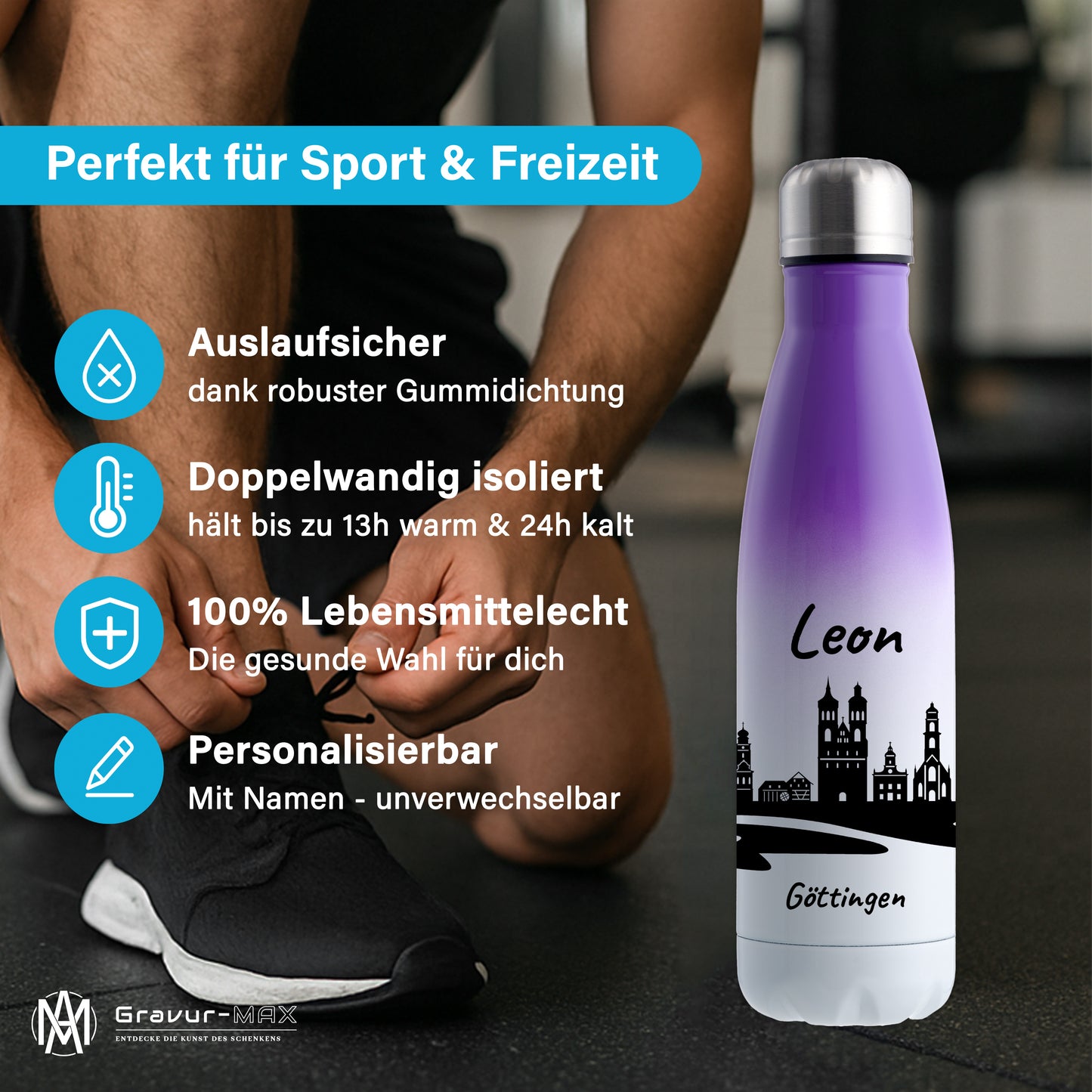 Trinkflasche in Weiß/Violett 500ml aus Edelstahl bedruckt mit der Skyline von Göttingen personalisierbar mit Wunschname