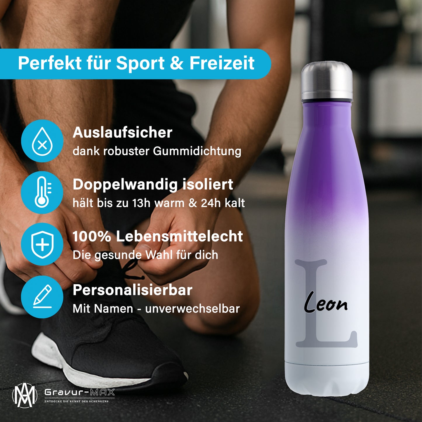 Thermoflasche 500ml aus Edelstahl in Weiß/Violett personalisierbar mit Wunschname auslaufsichere Trinkflasche