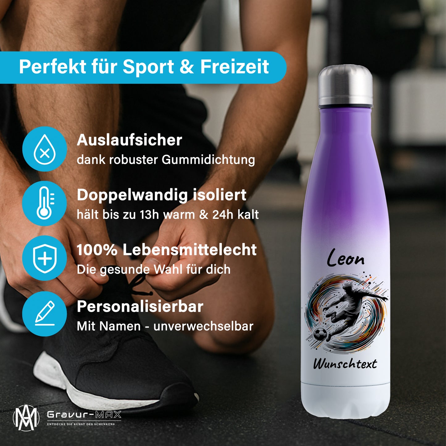 Thermoflasche 500ml in Weiß/Violett aus Edelstahl bedruckt "Fußball" Motiv1 personalisierbar mit Wunschname & Text
