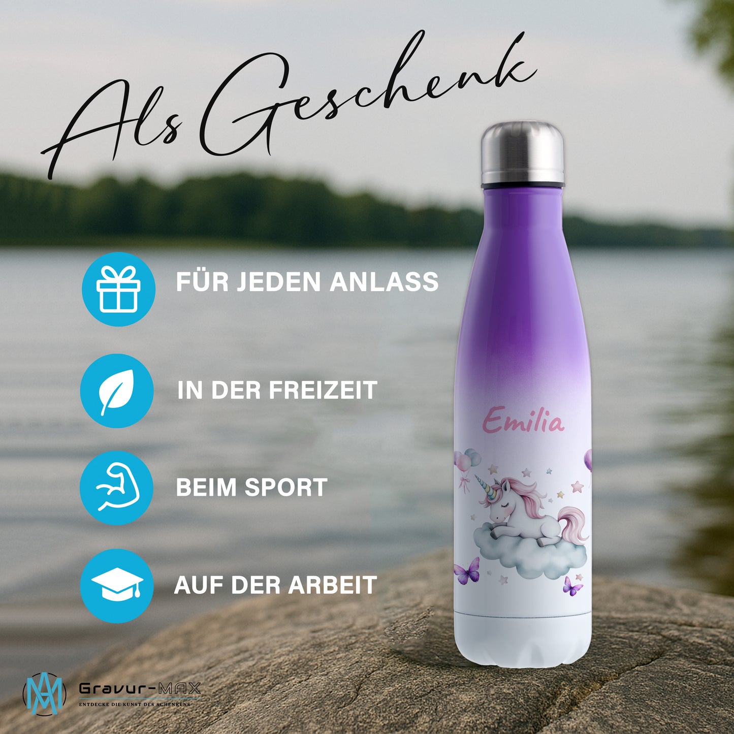 Thermoflasche 500ml in Weiß/Violett bedruckt mit tollen Motiven für Kinder "Einhorn Wolke" personalisierbar mit Wunschname