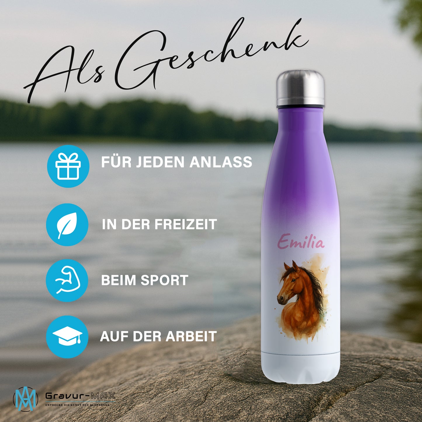 Thermoflasche 500ml in Weiß/Violett bedruckt mit tollen Motiven für Kinder "Pferd" personalisierbar mit Wunschname