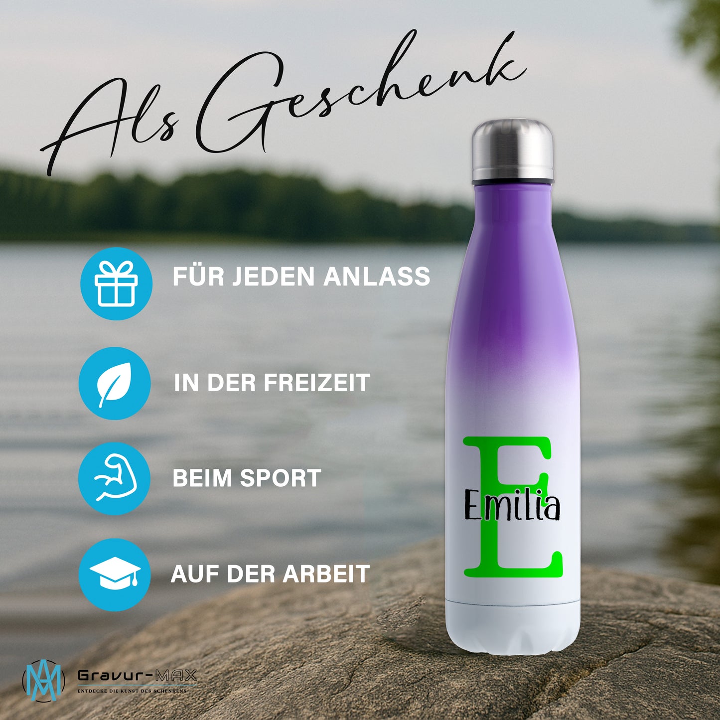 Thermoflasche 500ml aus Edelstahl in Weiß/Violett personalisierbar mit Wunschname auslaufsichere Trinkflasche