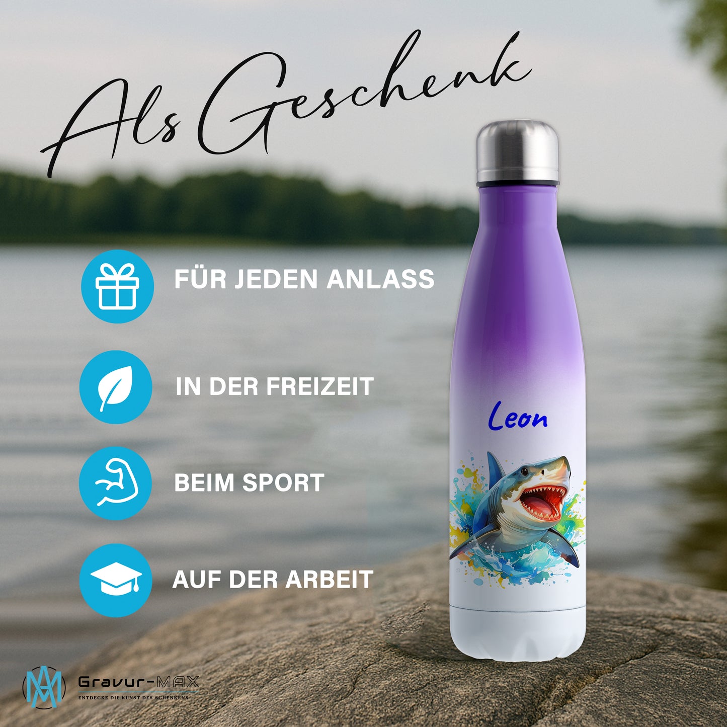 Thermoflasche 500ml in Weiß/Violett bedruckt mit tollen Motiven für Kinder "Hai" personalisierbar mit Wunschname