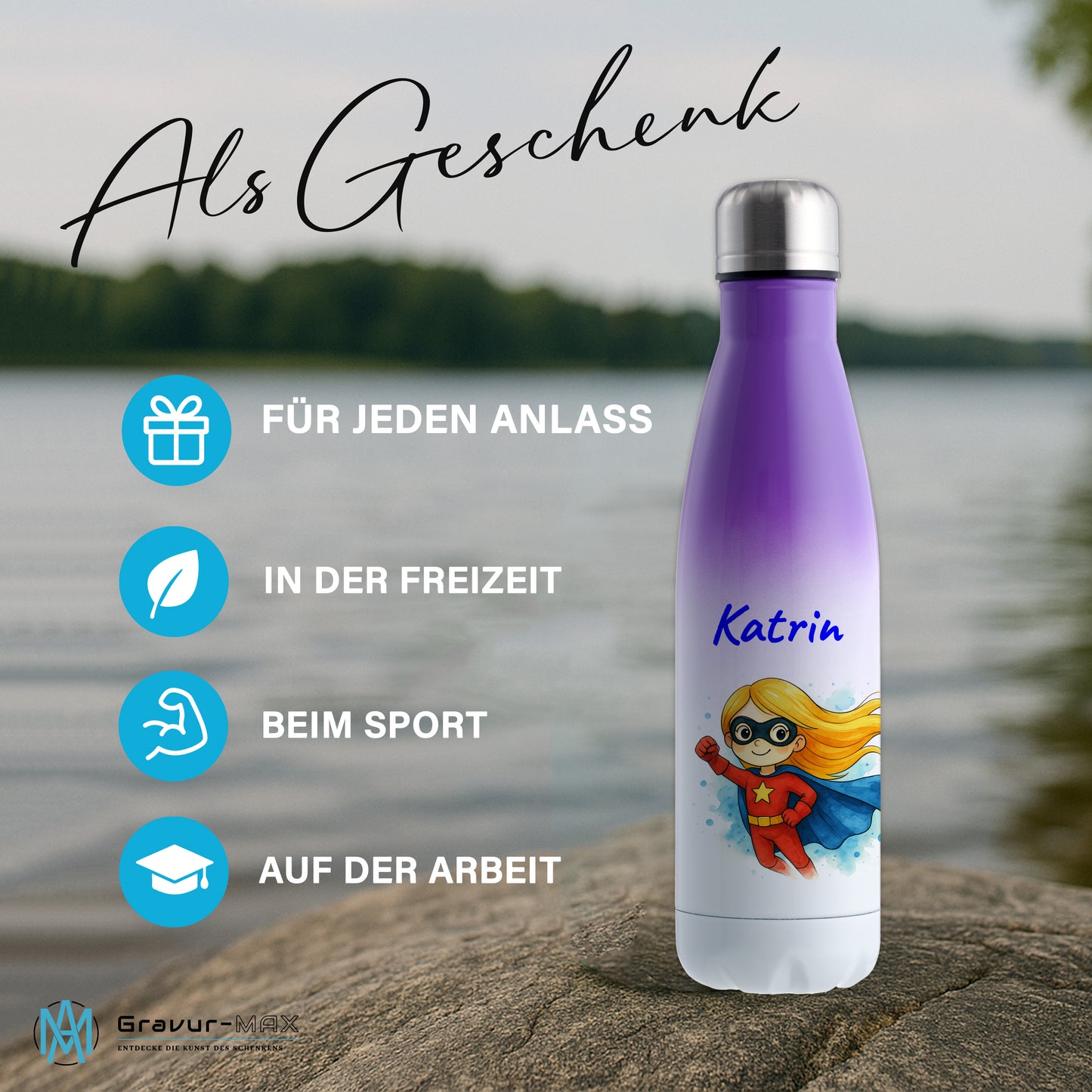 Thermoflasche 500ml in Weiß/Violett bedruckt mit tollen Motiven für Kinder "Superheldin" personalisierbar mit Wunschname
