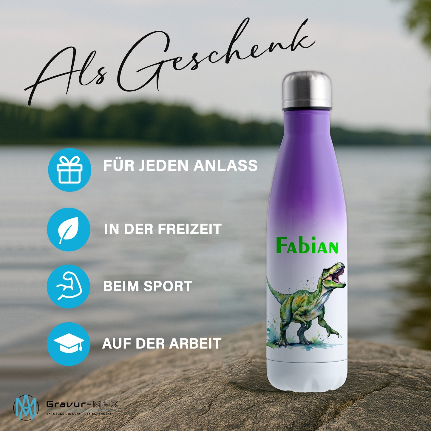 Thermoflasche 500ml in Weiß/Violett bedruckt mit tollen Motiven für Kinder "Dino T-Rex" personalisierbar mit Wunschname