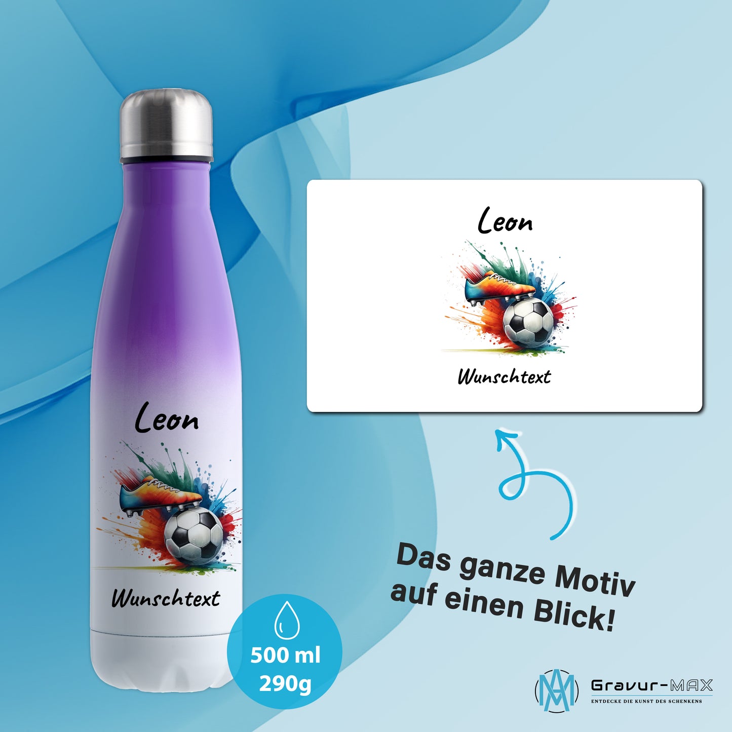 Thermoflasche 500ml in Weiß/Violett aus Edelstahl bedruckt "Fußball" Motiv6 personalisierbar mit Wunschname & Text