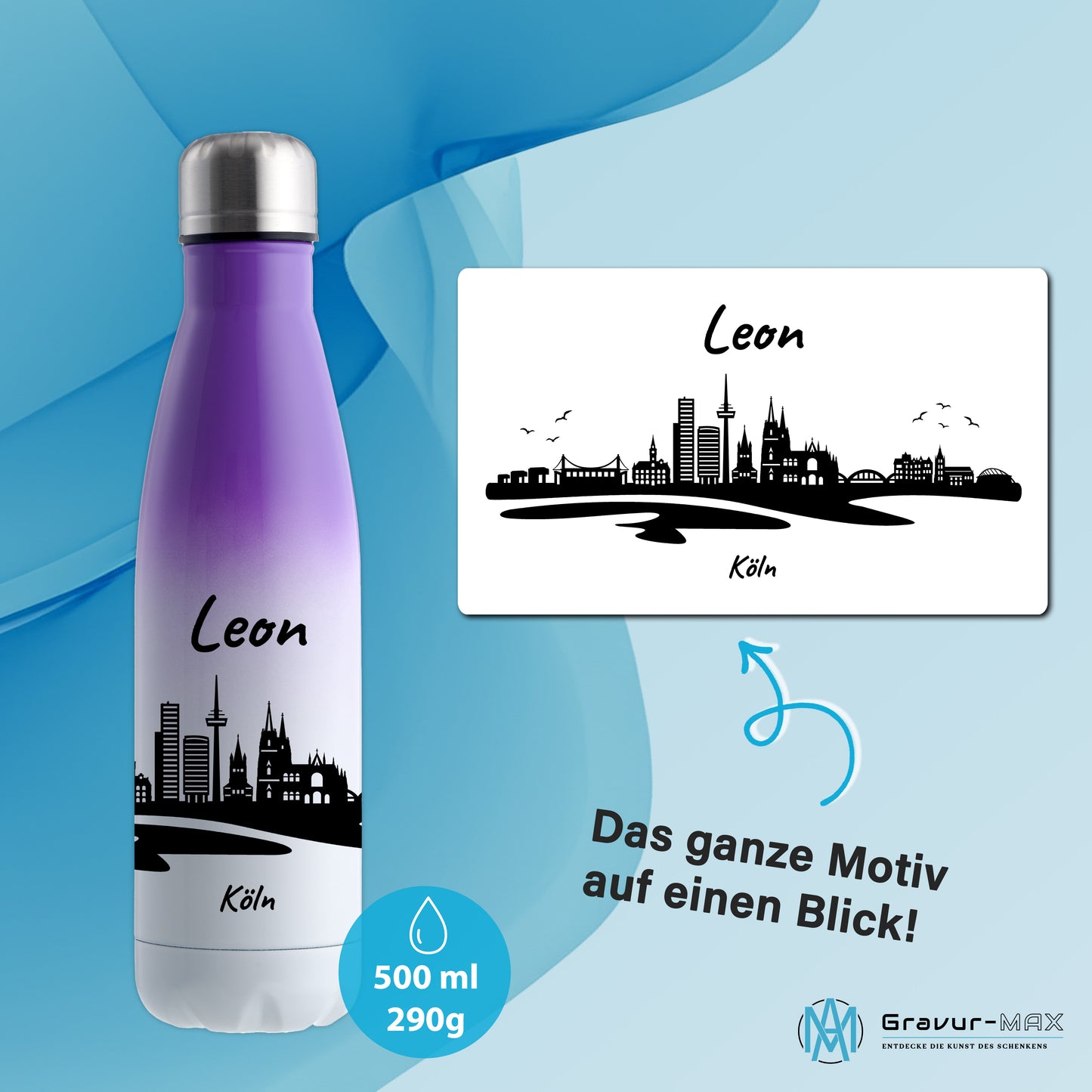 Trinkflasche in Weiß/Violett 500ml aus Edelstahl bedruckt mit der Skyline von Köln personalisierbar mit Wunschname