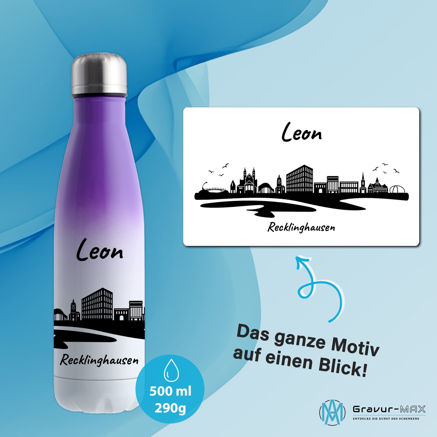 Trinkflasche in Weiß/Violett 500ml aus Edelstahl bedruckt mit der Skyline von Recklinghausen personalisierbar mit Wunschname