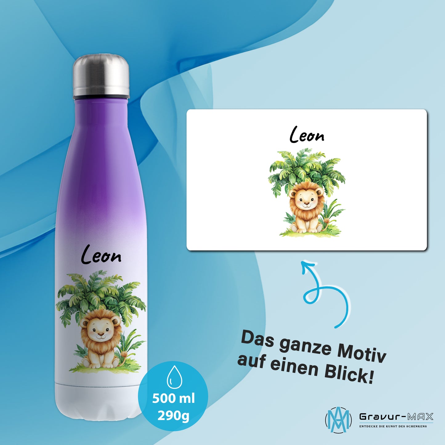 Trinkflasche mit Farbverlauf in Weiß/Violett 500ml aus Edelstahl bedruckt mit Dschungel Tieren"Löwe" personalisierbar für Kinder mit Wunschname