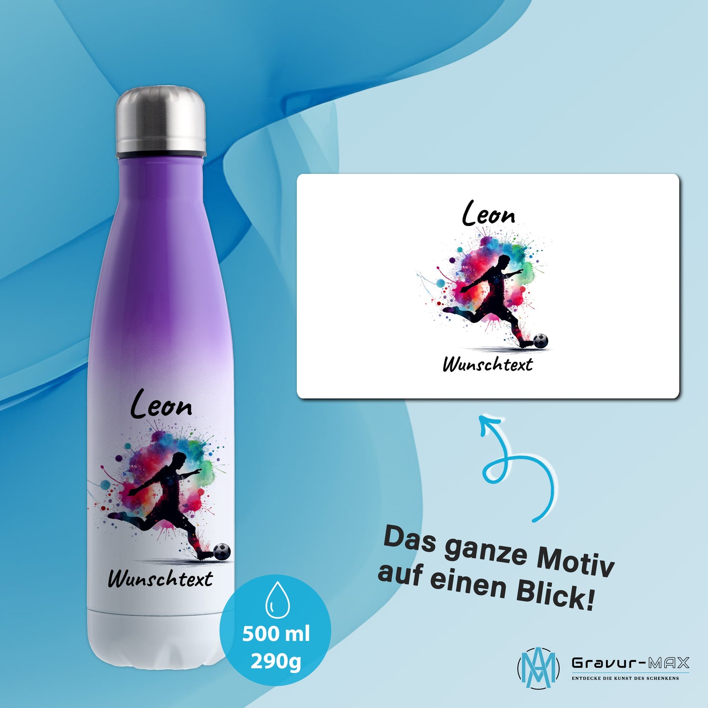 Thermoflasche 500ml in Weiß/Violett aus Edelstahl bedruckt "Fußball" Motiv4 personalisierbar mit Wunschname & Text
