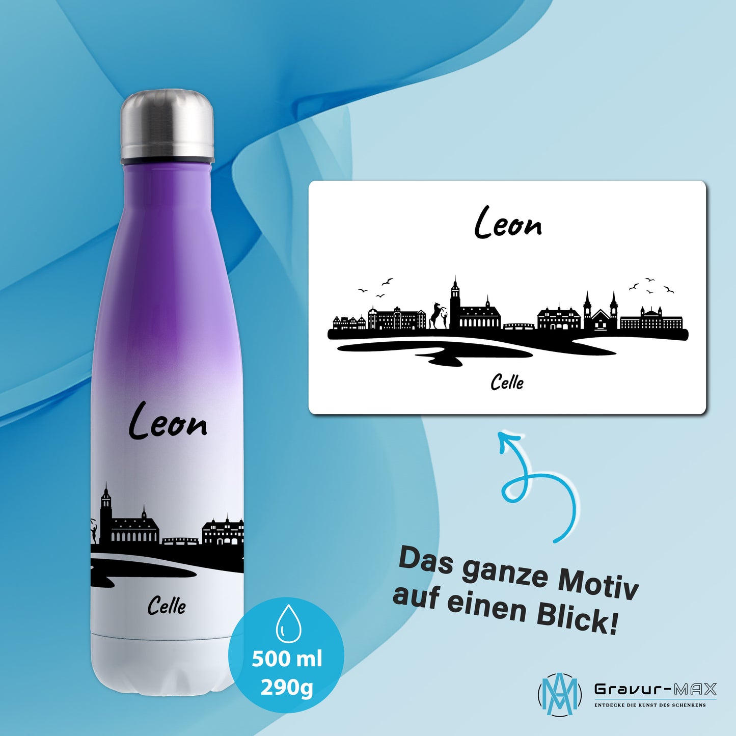 Trinkflasche in Weiß/Violett 500ml aus Edelstahl bedruckt mit der Skyline von Celle personalisierbar mit Wunschname