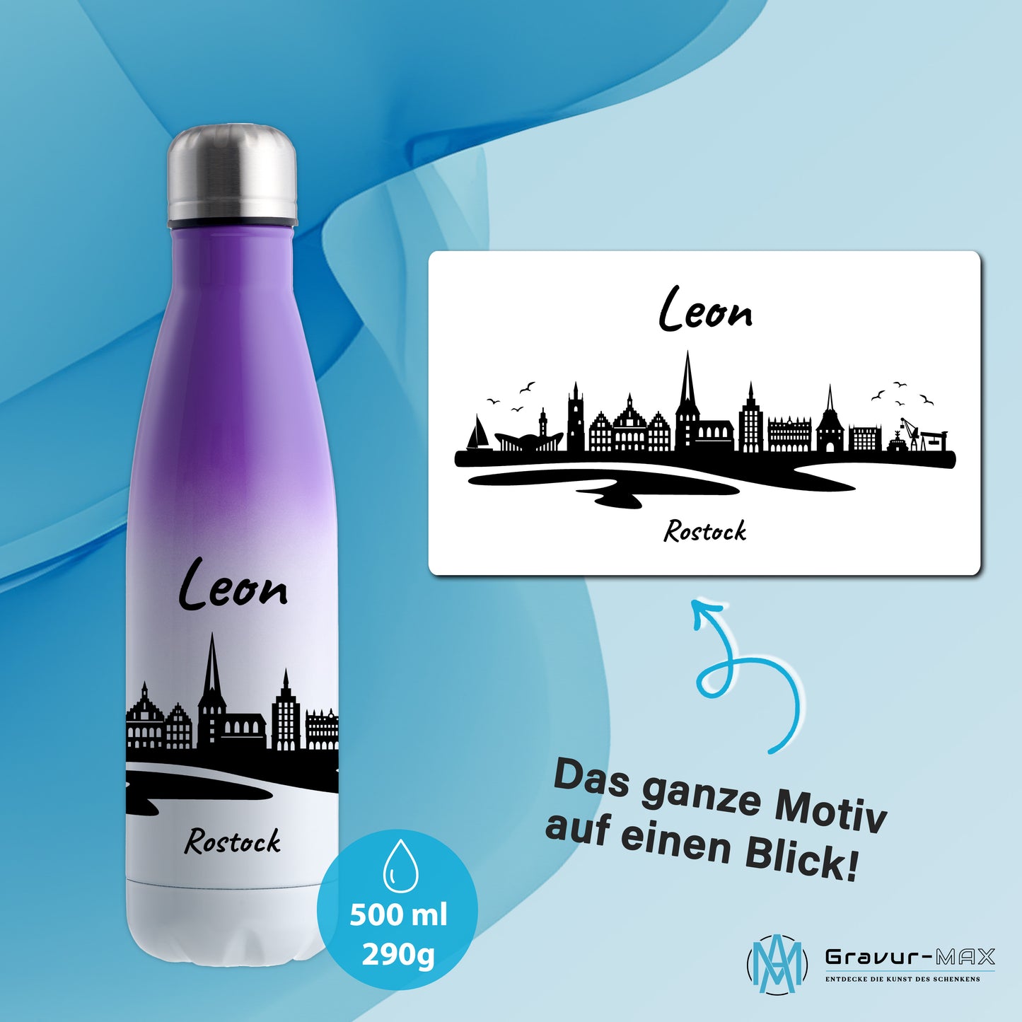Trinkflasche in Weiß/Violett 500ml aus Edelstahl bedruckt mit der Skyline von Rostock personalisierbar mit Wunschname