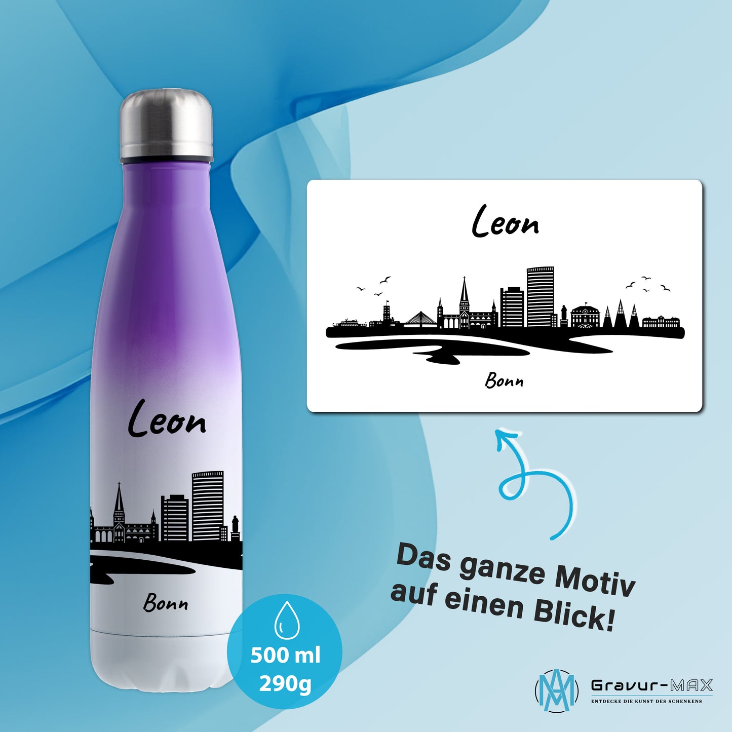 Trinkflasche in Weiß/Violett 500ml aus Edelstahl bedruckt mit der Skyline von Bonn personalisierbar mit Wunschname
