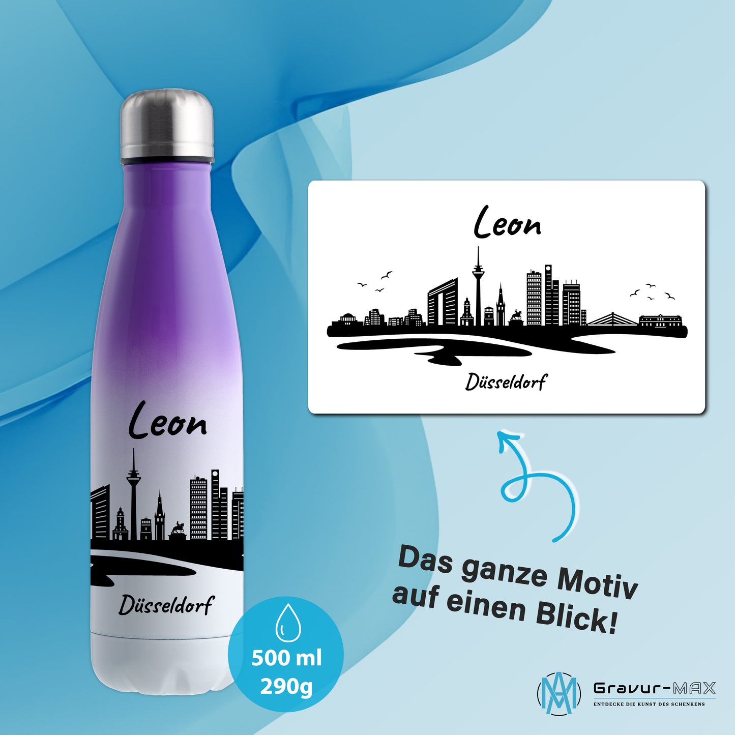 Trinkflasche in Weiß/Violett 500ml aus Edelstahl bedruckt mit der Skyline von Düsseldorf personalisierbar mit Wunschname