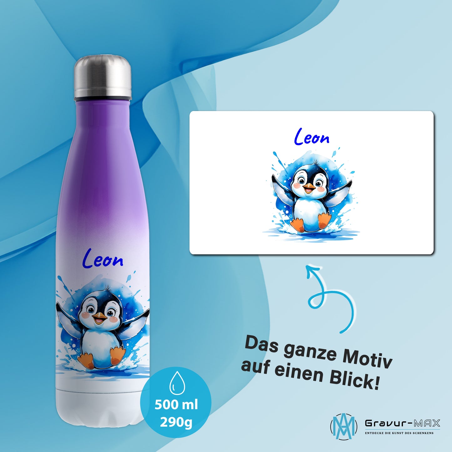 Trinkflasche in Weiß/Violett 500ml aus Edelstahl bedruckt mit niedlichen Tieren "Pinguin" personalisierbar für Kinder mit Wunschname