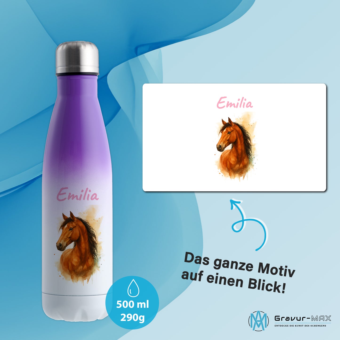Thermoflasche 500ml in Weiß/Violett bedruckt mit tollen Motiven für Kinder "Pferd" personalisierbar mit Wunschname